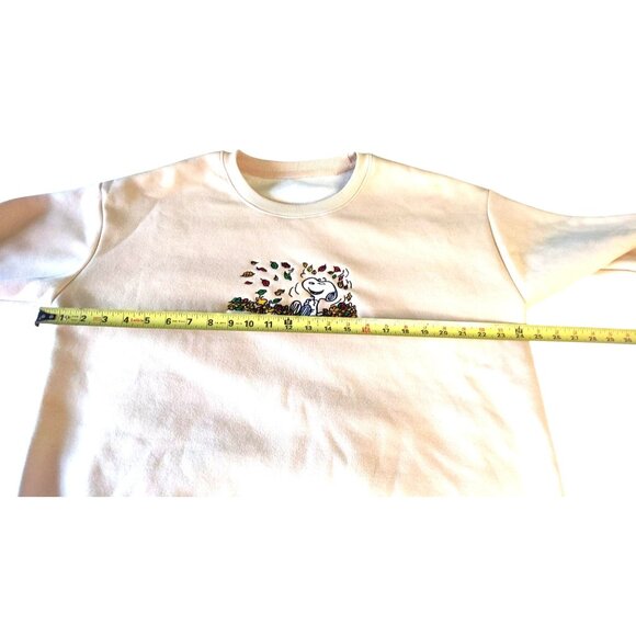 Snoopy Crewneck Beige Fall Leaves Graphic Embroidered Lined Sweatshirt - Picture 10 of 15